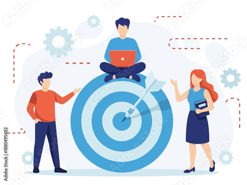 Businessmen working and woman at big target with arrow. Goals and objectives, business grow and plan, goal setting concept on white background, flat vector modern illustration 