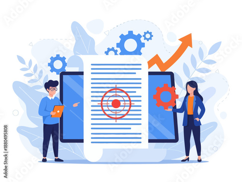Tiny people project managers work on vision and scope document. Vision and scope document, project main plan, project management document concept. flat vector modern illustration 
