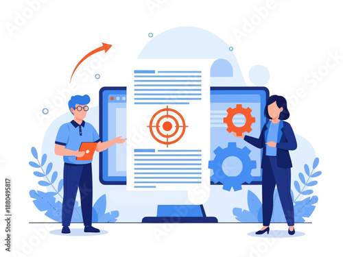 Tiny people project managers work on vision and scope document. Vision and scope document, project main plan, project management document concept. flat vector modern illustration 
