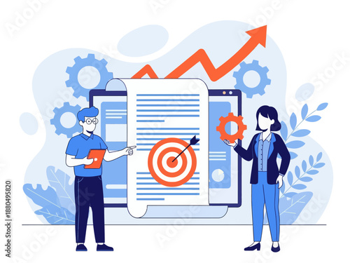 Tiny people project managers work on vision and scope document. Vision and scope document, project main plan, project management document concept. flat vector modern illustration 
