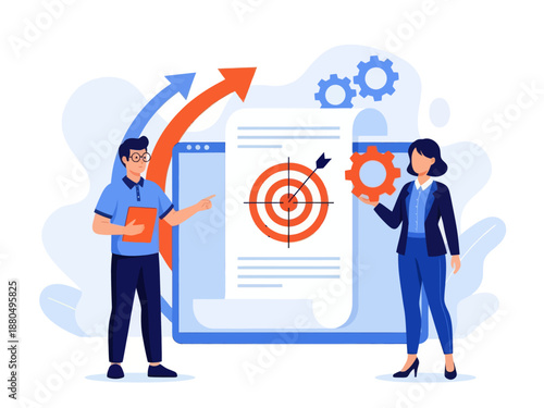 Tiny people project managers work on vision and scope document. Vision and scope document, project main plan, project management document concept. flat vector modern illustration 
