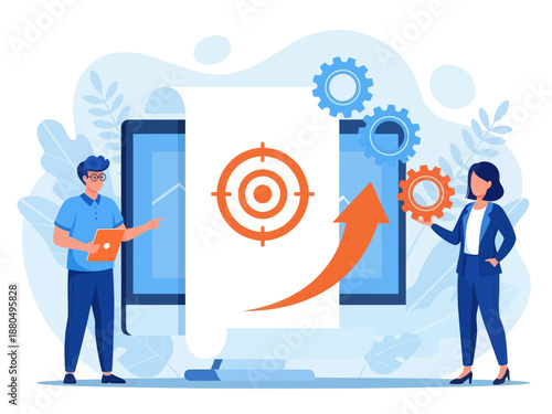 Tiny people project managers work on vision and scope document. Vision and scope document, project main plan, project management document concept. flat vector modern illustration 
