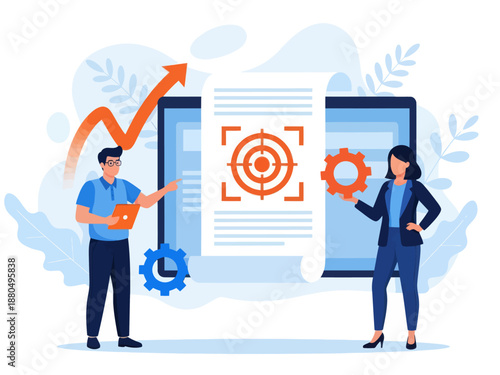 Tiny people project managers work on vision and scope document. Vision and scope document, project main plan, project management document concept. flat vector modern illustration 
