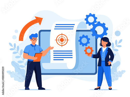 Tiny people project managers work on vision and scope document. Vision and scope document, project main plan, project management document concept. flat vector modern illustration 
