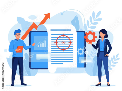 Tiny people project managers work on vision and scope document. Vision and scope document, project main plan, project management document concept. flat vector modern illustration 
