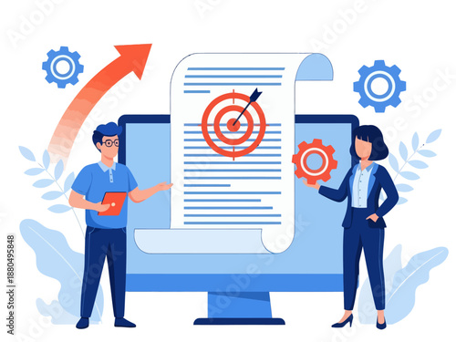 Tiny people project managers work on vision and scope document. Vision and scope document, project main plan, project management document concept. flat vector modern illustration 
