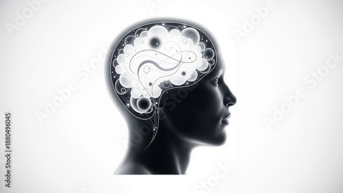 Conceptual silhouette of human head with visible brain and ideas  