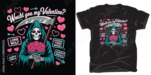 Valentine's day grim reaper holding flowers in hands vector illustration for t-shirt design and apparel