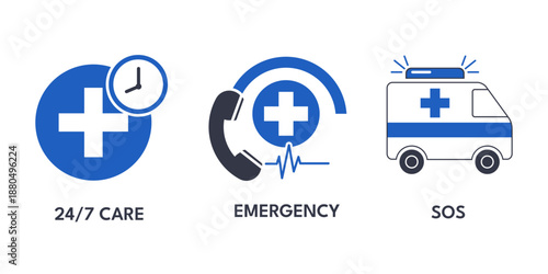 Medical Emergency Service Icons Set for Healthcare and First Aid Blue Minimalist 24/7 Care, Call Center, and Ambulance Vector Signs.