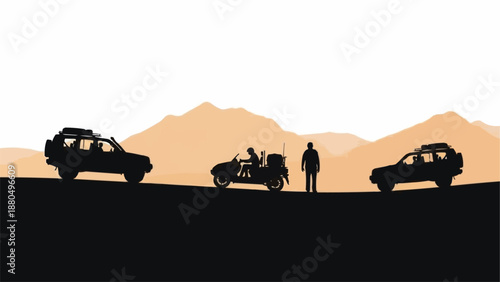 Off road adventure with vehicles and people in desert landscape.
