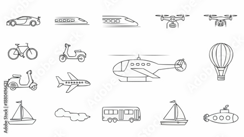 Collection of Hand Drawn Transportation Icons and Symbols.
