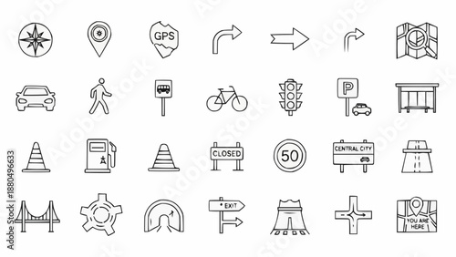Collection of transportation and navigation icons for maps and directions.