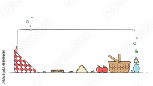 Simple Picnic Scene with Basket and Food Elements.