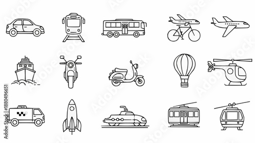 Collection of hand drawn transportation icons on white background.