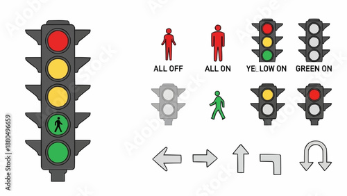 Traffic Signal Lights and Pedestrian Crossing Symbols.