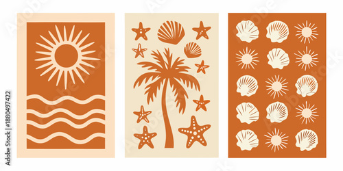 beach themed illustrations of sun sea and palm trees