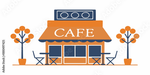 a small orange cafe with tables and trees