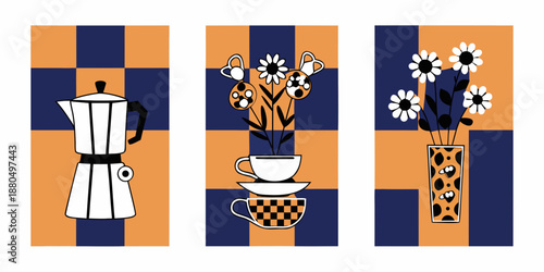 a set of three illustrations with coffee maker and flowers