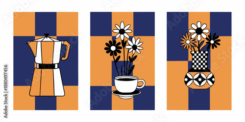 a set of three panels with a coffee pot flowers and cup