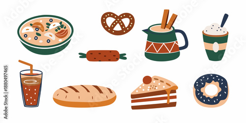 a variety of food items including drinks and baked goods