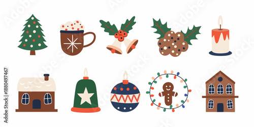 christmas icons and objects on a white background for holiday decoration