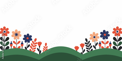 a colorful floral border with green hills and vibrant flowers