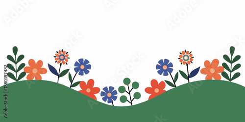 A simple illustration of colorful flowers and rolling green hills