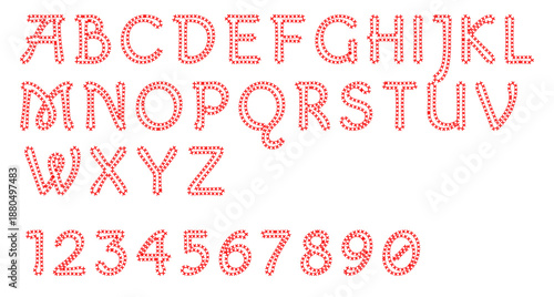 Red alphabet and numbers on white background typographic illustration with dotted letters and digits
