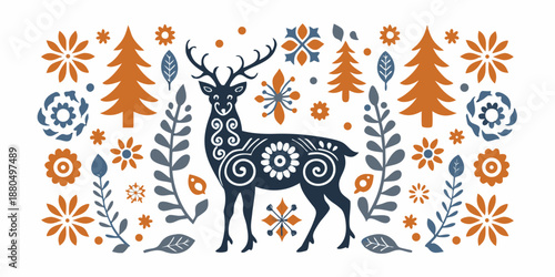 a deer surrounded by flowers and trees in a whimsical design