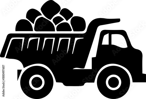 Black silhouette icon of a dump truck carrying rocks or gravel