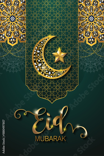 Elegant Eid Mubarak vector design featuring golden crescent moon, star, and Islamic geometric ornaments on a dark green background, suitable for Ramadan and Islamic celebrations.