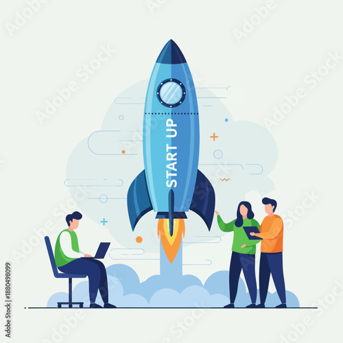 Startup Team Launching Rocket with Laptop.