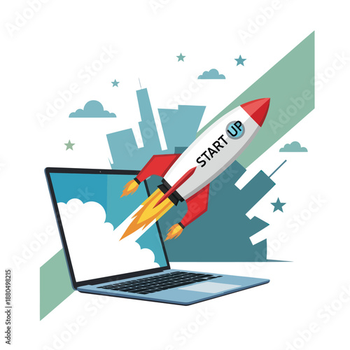 Laptop Screen Launching Rocket Startup Concept.
