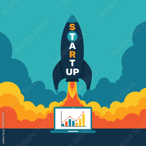 Startup Rocket Launching from Laptop Screen.