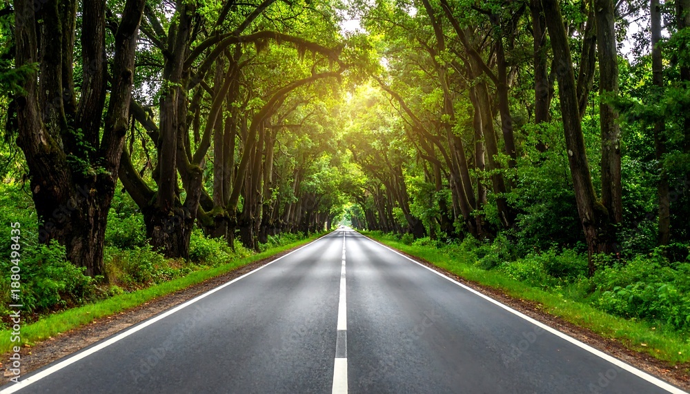 Fototapeta premium A serene road stretching through a lush forest with tall trees