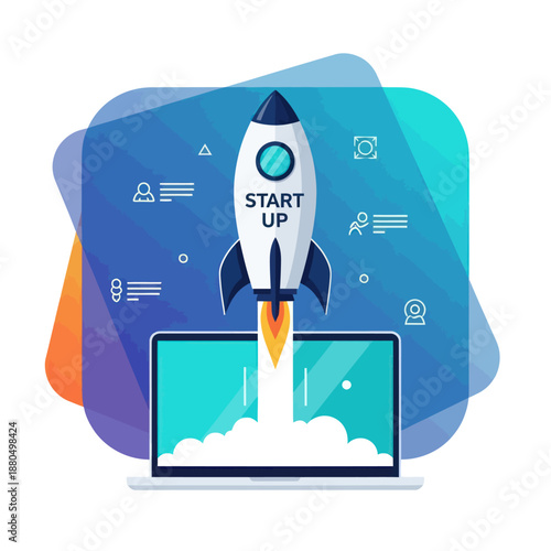 Startup Rocket Launching from Laptop Screen.