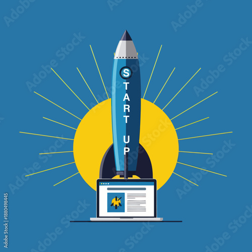 Startup Rocket Launching from Laptop Screen.
