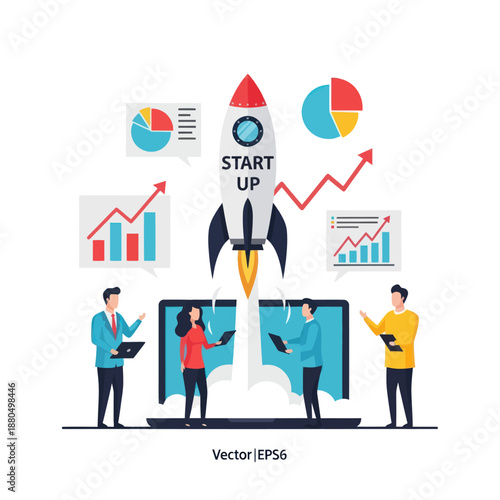 Startup Team Launching Rocket with Charts.