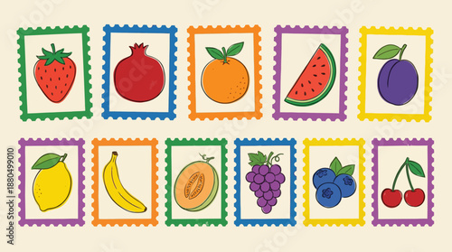 Bright collage of stamp style fruit illustrations featuring strawberries, apples, oranges, watermelons, bananas, grapes and lemons in a colorful grid.