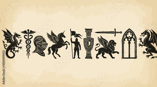 Decorative fantasy border featuring medieval heraldic symbols, dragons, swords, wands, archways and mythic glyphs for fantasy design and illustration projects.
