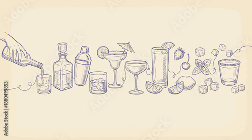 Hand-drawn line art of assorted bar tools, bottles, citrus fruits, and glassware arranged on a countertop for cocktail inspiration