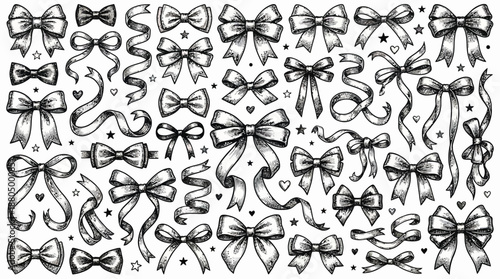 Dense black and white bow tie pattern with hand-drawn line art for seamless textile design, fashion accessories, and vintage menswear decor
