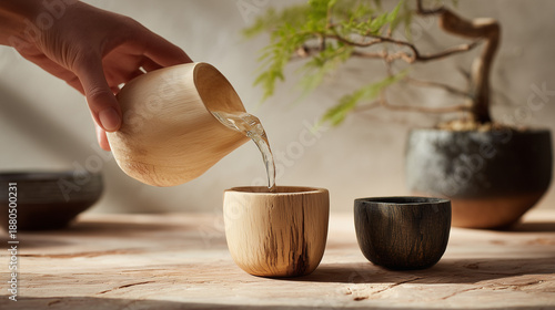Pouring Tea into Wooden Cup in a Zen-Inspired Setting