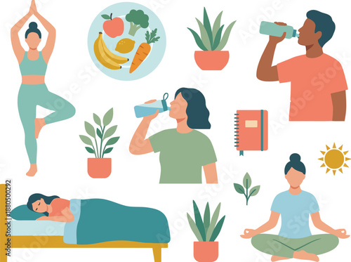 Healthy Lifestyle and Daily Routine Vector Set with People Exercising and Resting