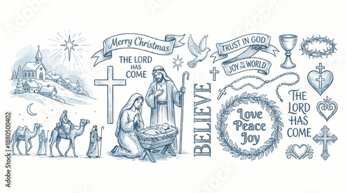 Blue line-art nativity scene featuring the holy family, angels, shepherds, wise men, animals, and Christmas banners in a festive Bethlehem tableau.