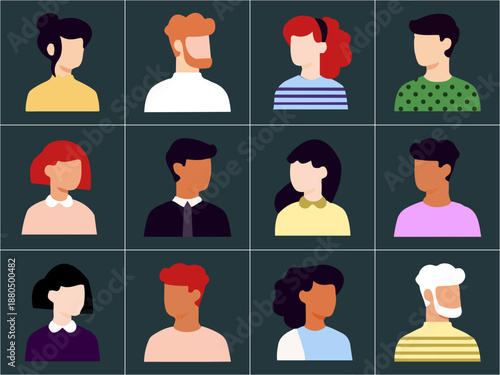 Diverse collection of minimalist flat design avatars representing various individuals, man, woman