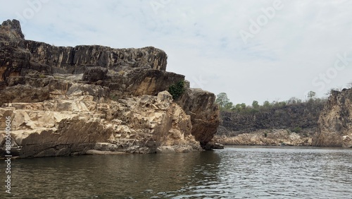 Beautiful marble mountains or Marble rocks on the banks of river Narmada at Bhedaghat in Jabalpur Madhya Pradesh india