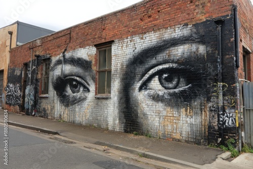 Graffiti art featuring striking eyes on a brick wall in Hosier Lane highlights urban creativity and street culture in a vibrant Melbourne neighborhood