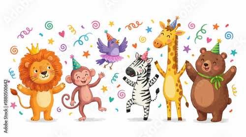 Playful cartoon zoo animals: lion, monkey, zebra, giraffe and bear with colorful confetti