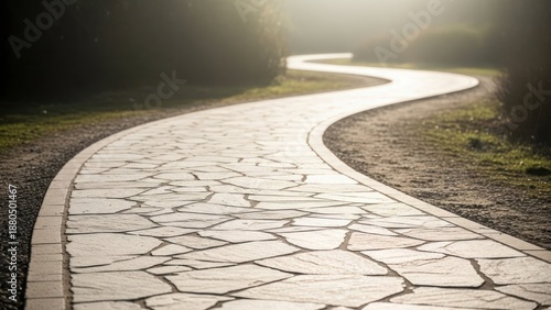 Winding Stone Path Through Lush Green Forest with Soft Sunlight.